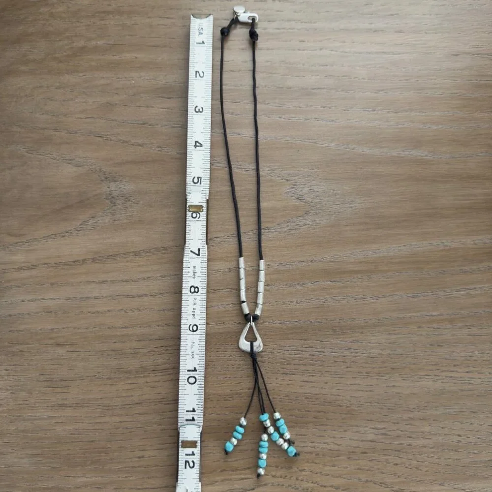 Handmade Black Cord Necklace Silver Tone Turquoise Color Beads Hook Clasp NOTE